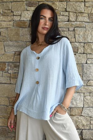 Andi Basket Linen Blend Top Baby Blue